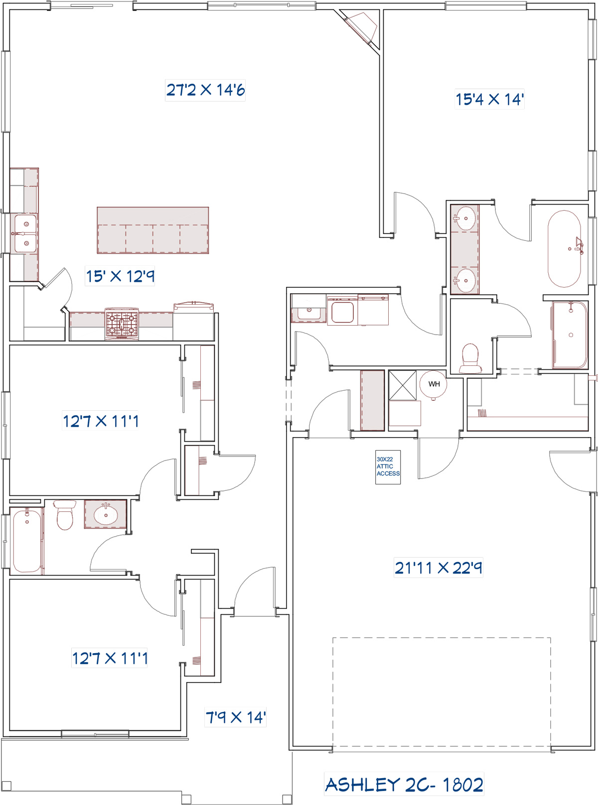 Ashley floor plan showing living spaces, bedrooms and a two-car garage