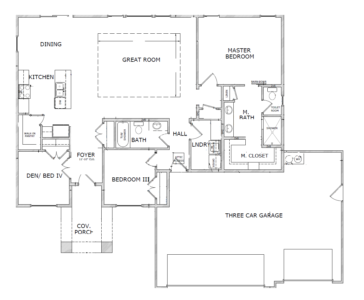 Brookridge floor plan showing living spaces, bedrooms and a three-car garage