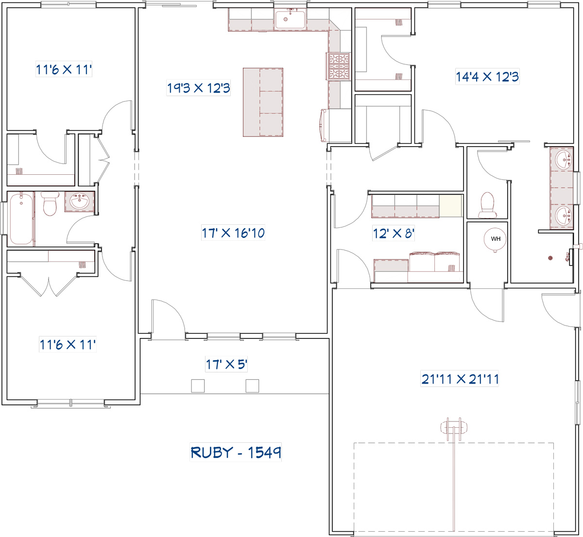 Maci floor plan showing living spaces, bedrooms and a two-car garage